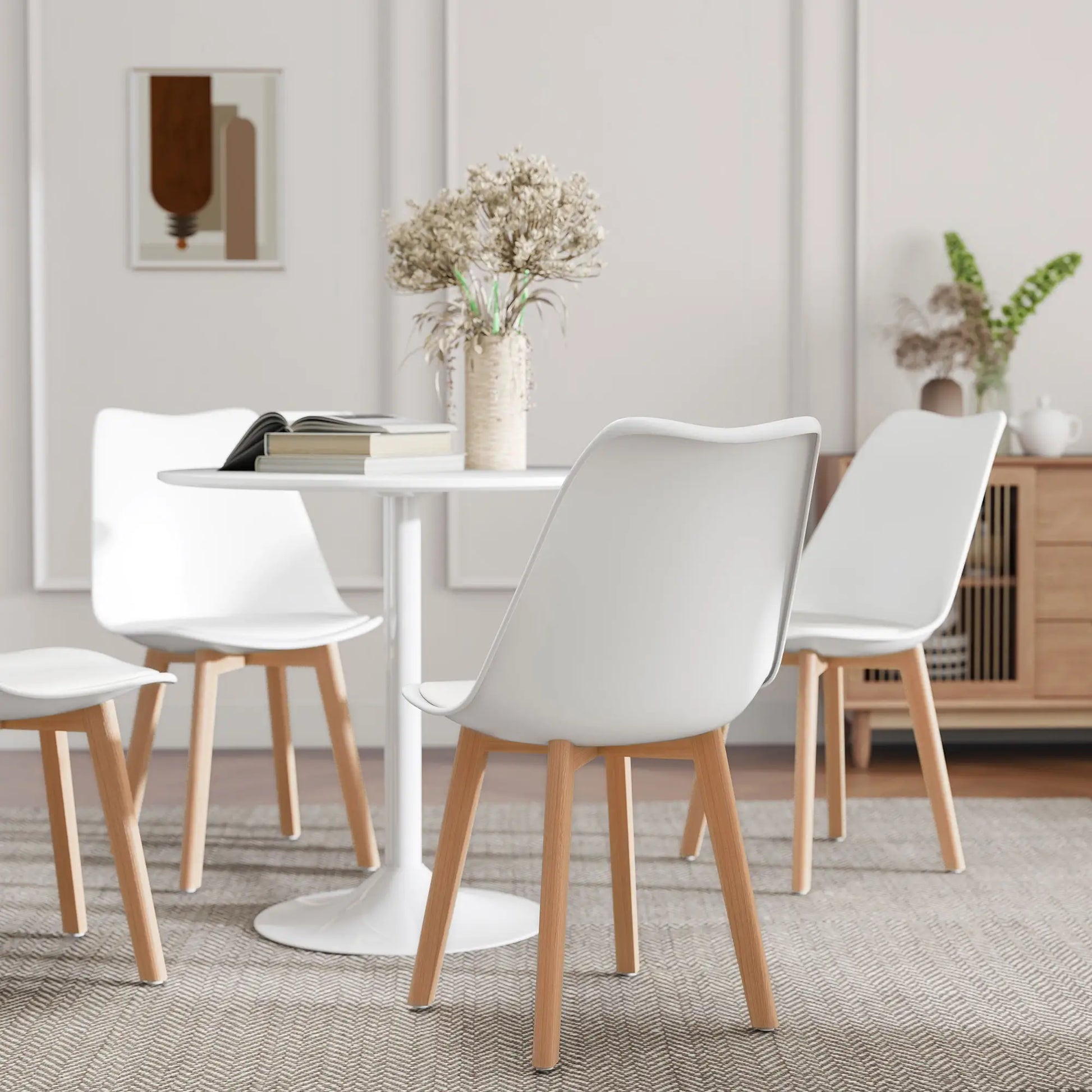Round Dining Table Set for 4, Pedestal Base, PU Padded Seats, White Dining Table Sets at Gallery Canada