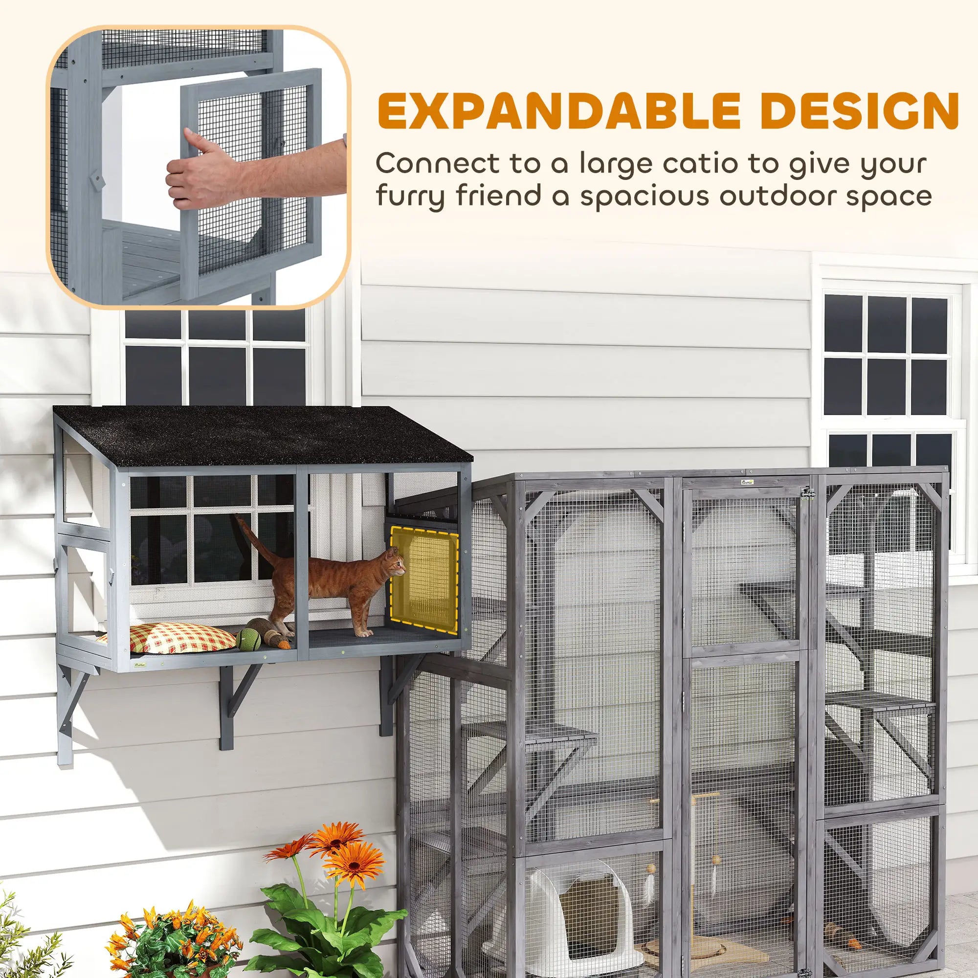 Outdoor Cat Enclosure, Expandable Wooden Cat House, 39.4