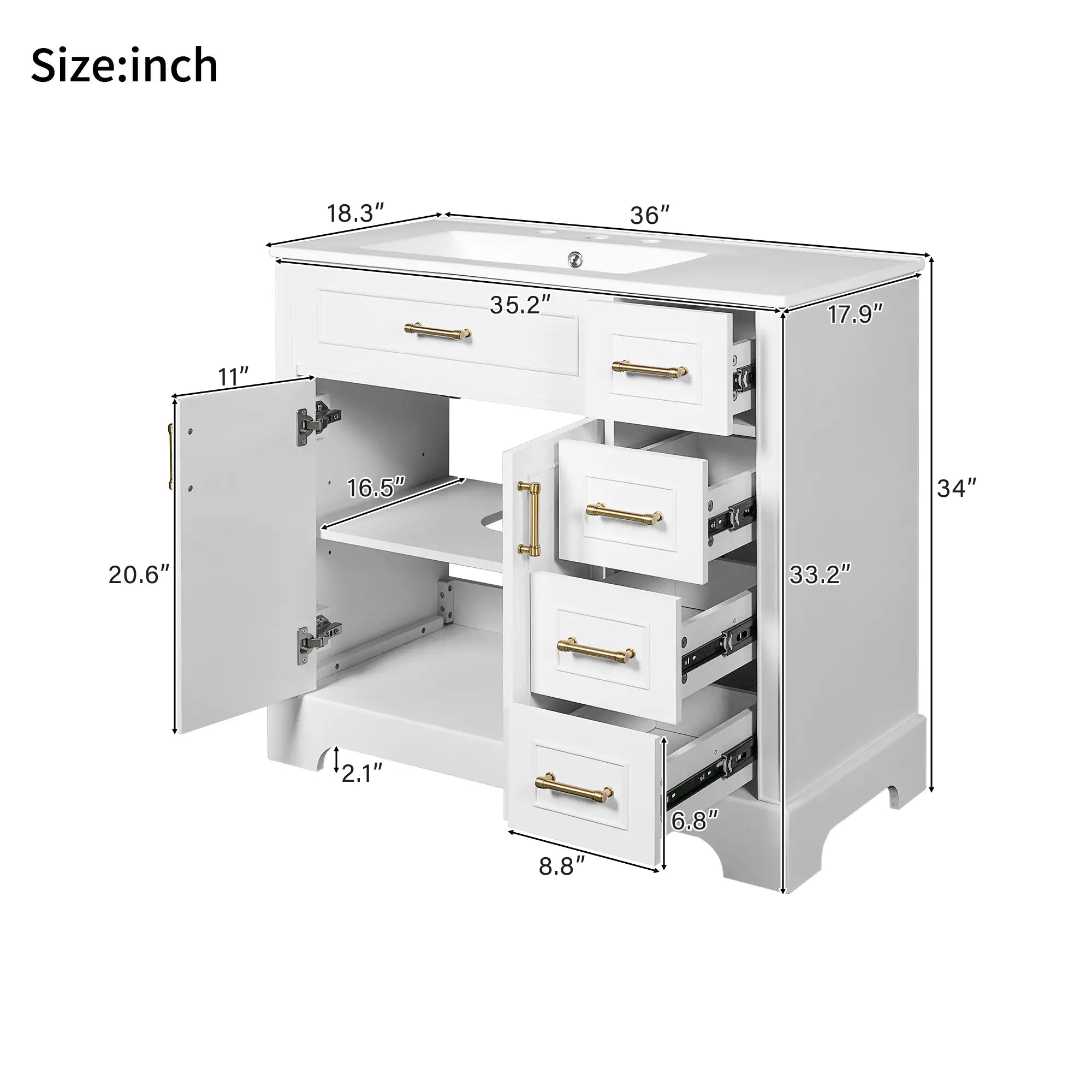 Bathroom Vanity, Ceramic Sink, Soft-Close Doors, 36