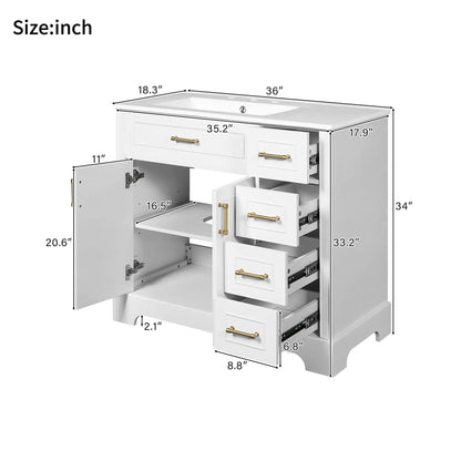 Bathroom Vanity, Ceramic Sink, Soft-Close Doors, 36" L x 18.5" W x 34" H, White Sink Cabinets at Gallery Canada