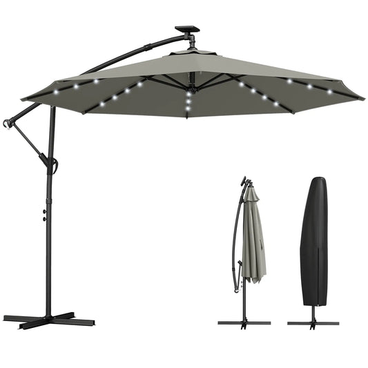 9.7 ft Parasol de Patio en Porte-à-faux, Lumière Solaire, Manivelle d'Inclinaison, Gris
