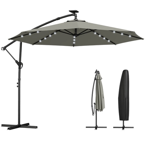 9.7 ft Cantilever Patio Umbrella, Solar Light, Tilt Crank, Grey