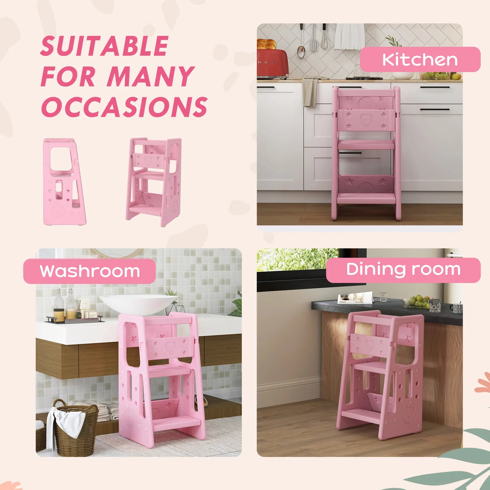 Toddler Kitchen Helper 2 Step Stool, Adjustable Height, Safety Rail, Pink Toddler & Kids Step Stools at Gallery Canada