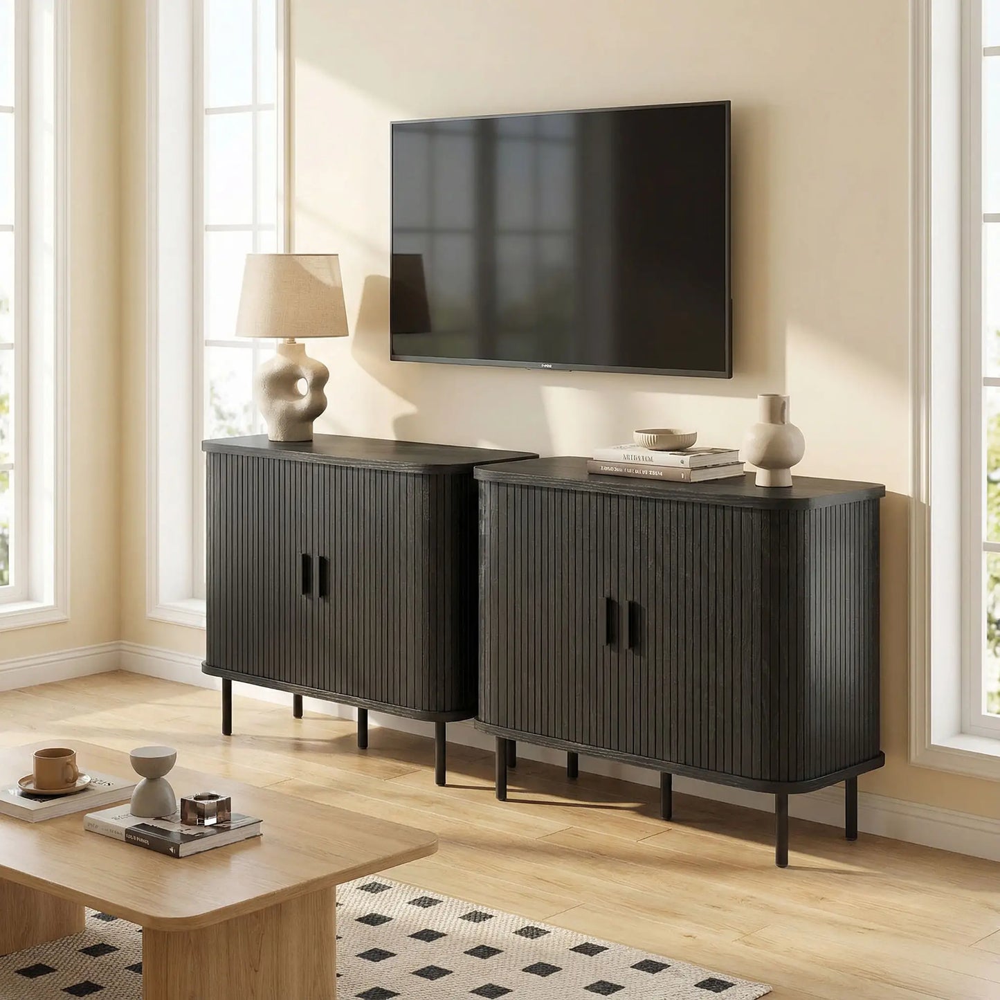35.4" Sideboard Buffet Cabinet, Slatted Tambour Doors, Metal Legs, Black Storage Cabinets at Gallery Canada