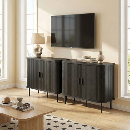 35.4" Sideboard Buffet Cabinet, Slatted Tambour Doors, Metal Legs, Black Storage Cabinets at Gallery Canada