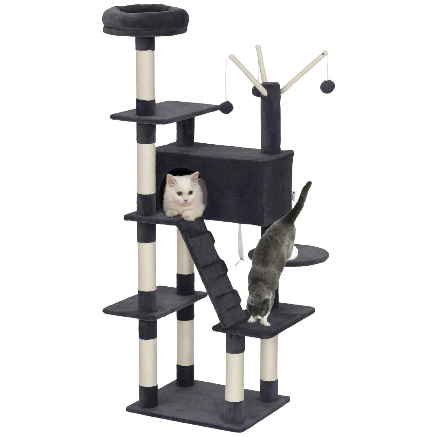 59 Inch Large Cat Tree with Sisal Posts, Condo, Perch, Ladder, Balls, Dark Grey Cat Trees at Gallery Canada