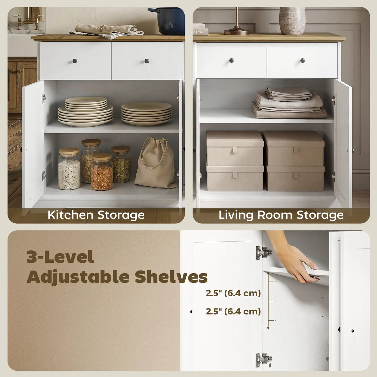 Sideboard Buffet Cabinet, 55" Farmhouse Kitchen Cabinet with Soft-Close Doors, 2 Drawers and 2 Adjustable Shelves