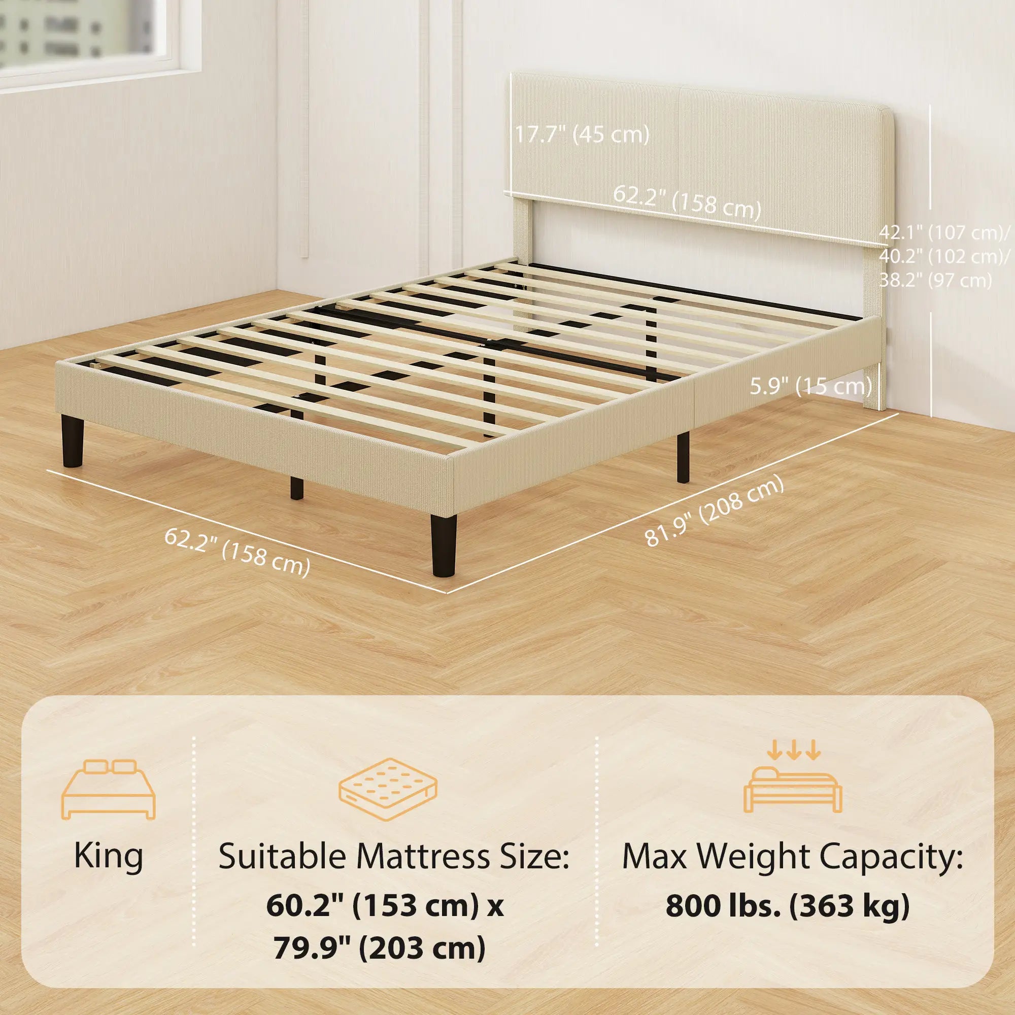 Queen Size Bed Frame, Adjustable Upholstered Headboard, Wood Slat Support, Light Grey Bed Frames at Gallery Canada