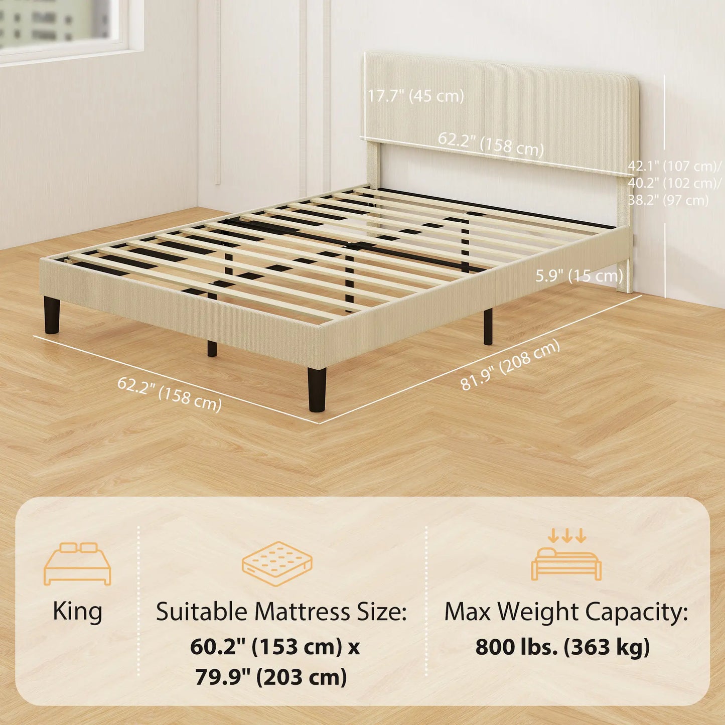 Queen Size Bed Frame, Adjustable Upholstered Headboard, Wood Slat Support, Light Grey Bed Frames at Gallery Canada