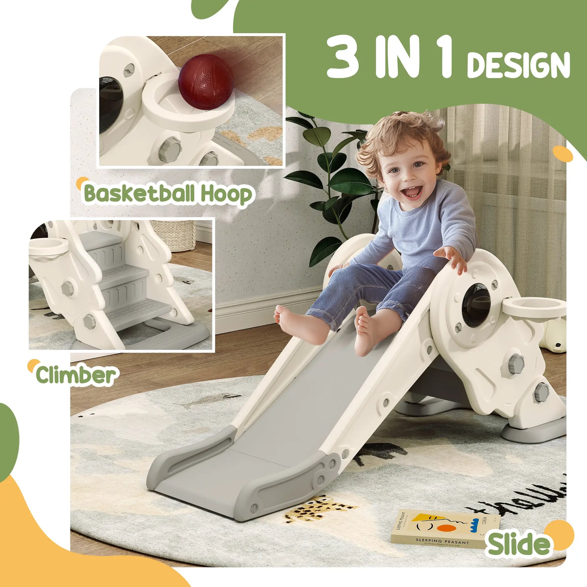 3 in 1 Toddler Slide, Foldable with Basketball Hoop, Climber, Cream White Gym Sets & Swings at Gallery Canada