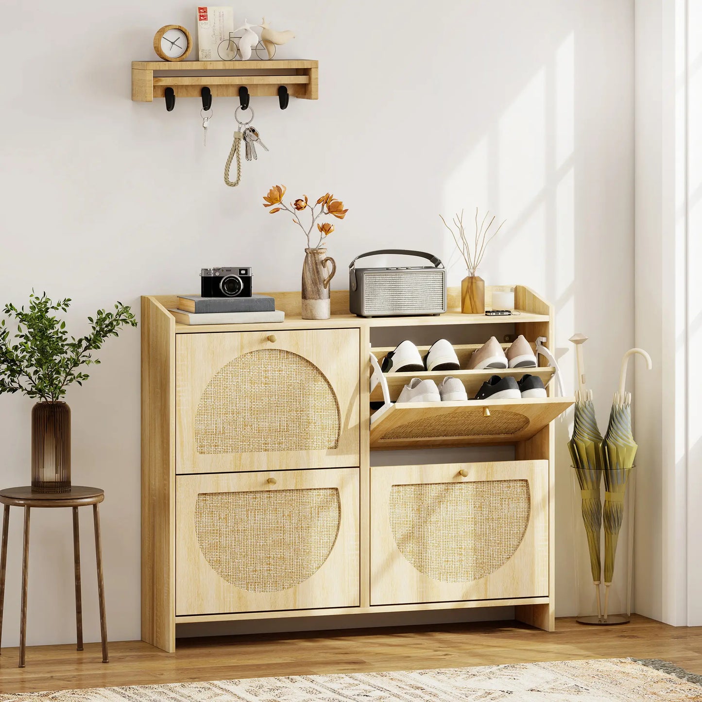 4 Flip-Drawer Shoe Cabinet, Rattan Doors, Adjustable Shelves, Holds 16 Pairs, Natural Shoe Storage Cabinets & Racks at Gallery Canada