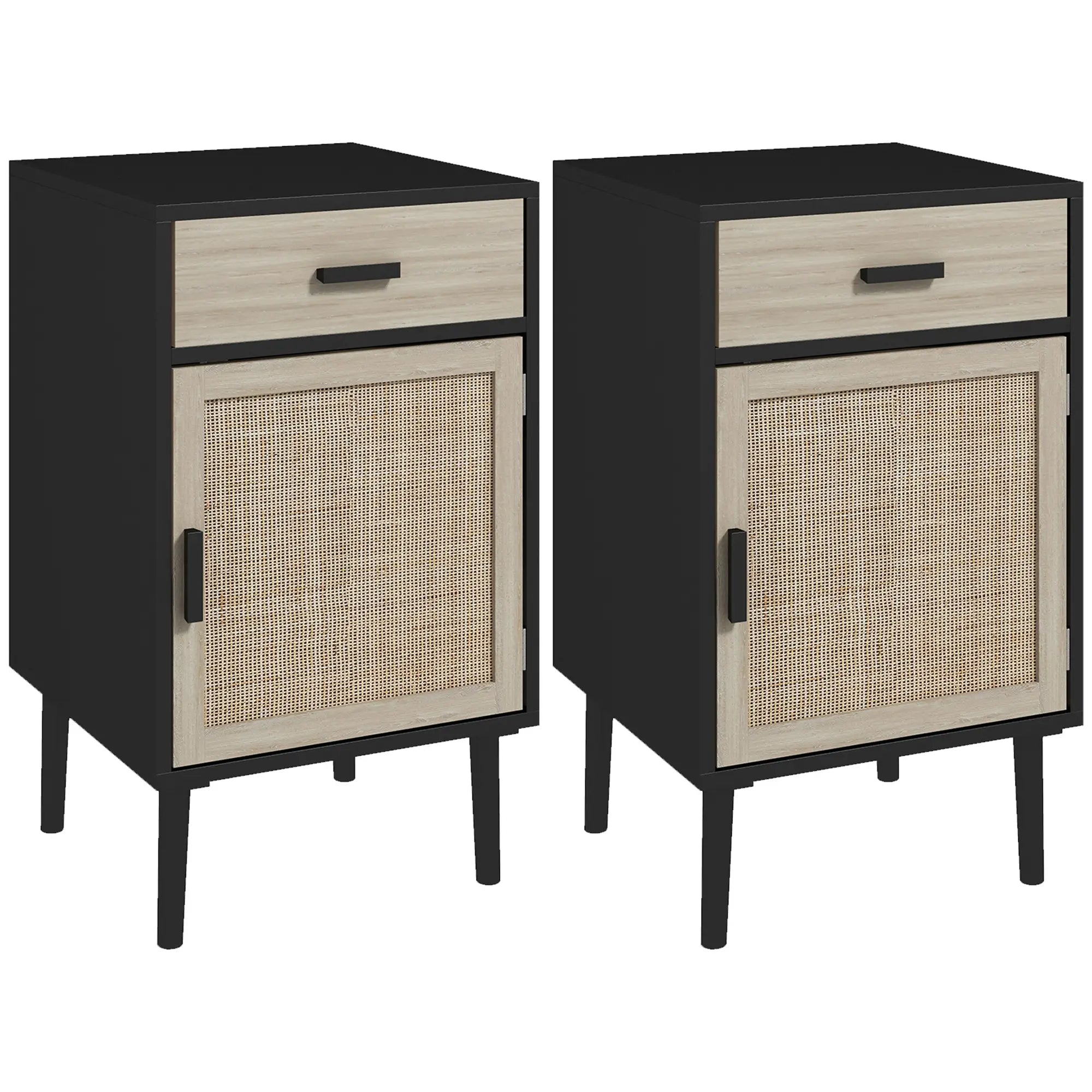Boho Bedside Tables Set of 2, Nightstands with Drawer, Rattan Cabinet, Black Bedside Tables at Gallery Canada