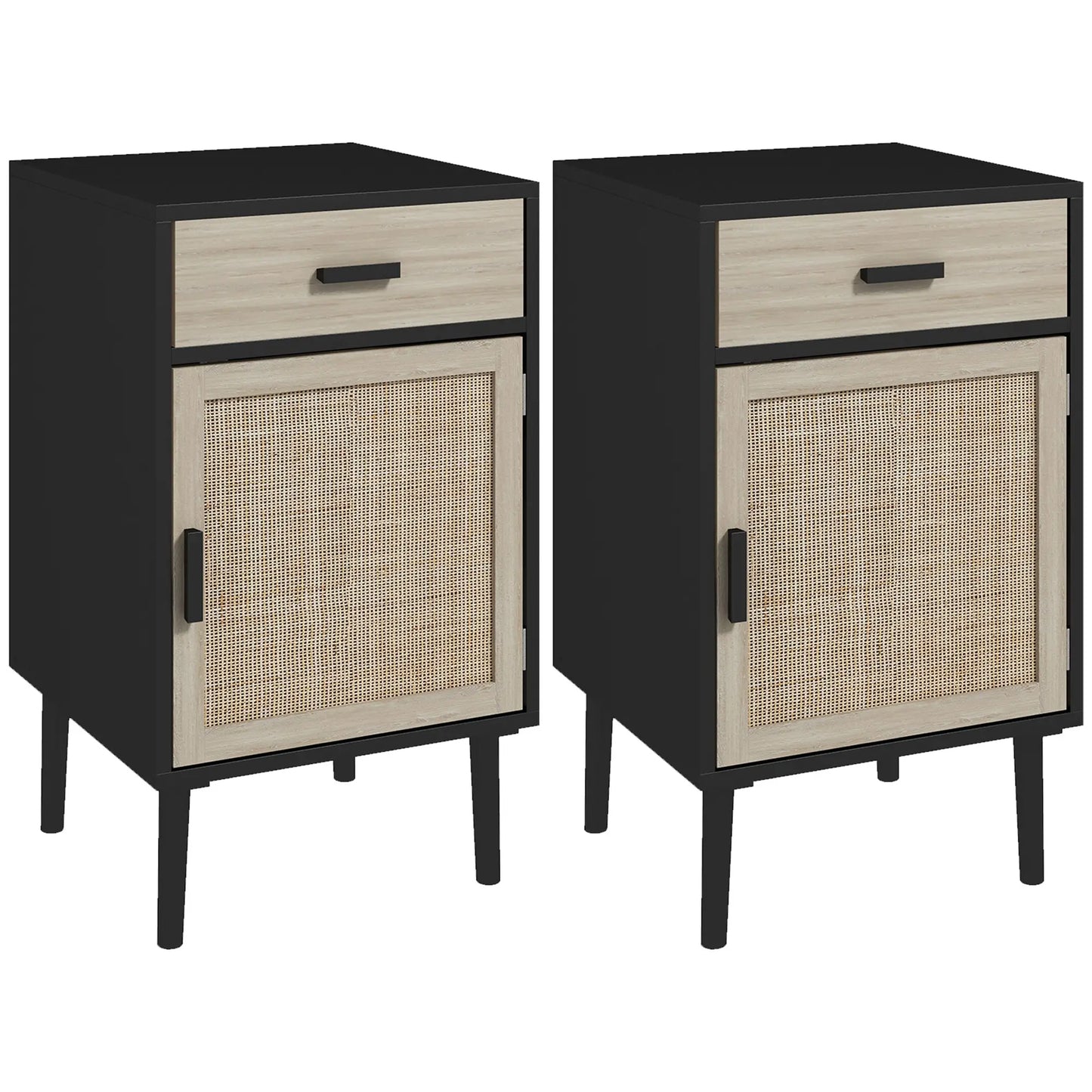 Boho Bedside Tables Set of 2, Nightstands with Drawer, Rattan Cabinet, Black Bedside Tables at Gallery Canada