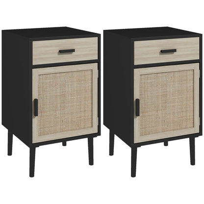 Boho Bedside Tables Set of 2, Nightstands with Drawer, Rattan Cabinet, Black Bedside Tables at Gallery Canada