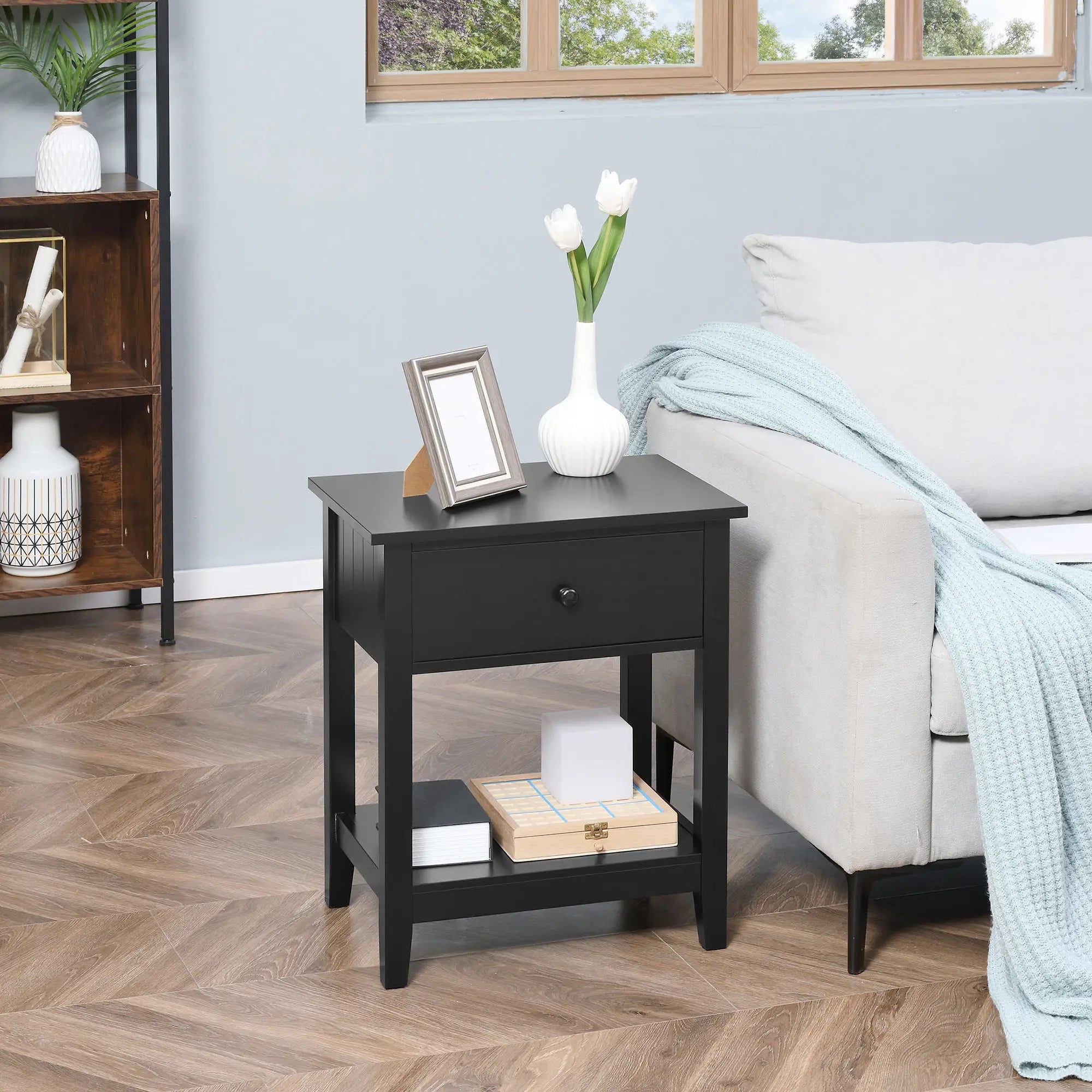 Modern Nightstand, Small End Table with Drawer, Storage Shelf, Black Side Tables at Gallery Canada