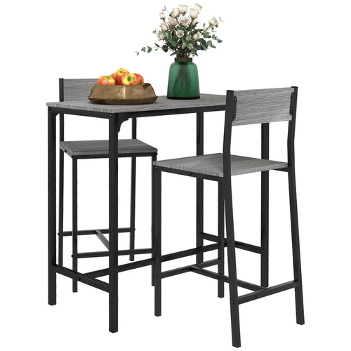 Industrial Bar Table Set, 3 Piece Counter Height, 2 High Back Stools, Grey