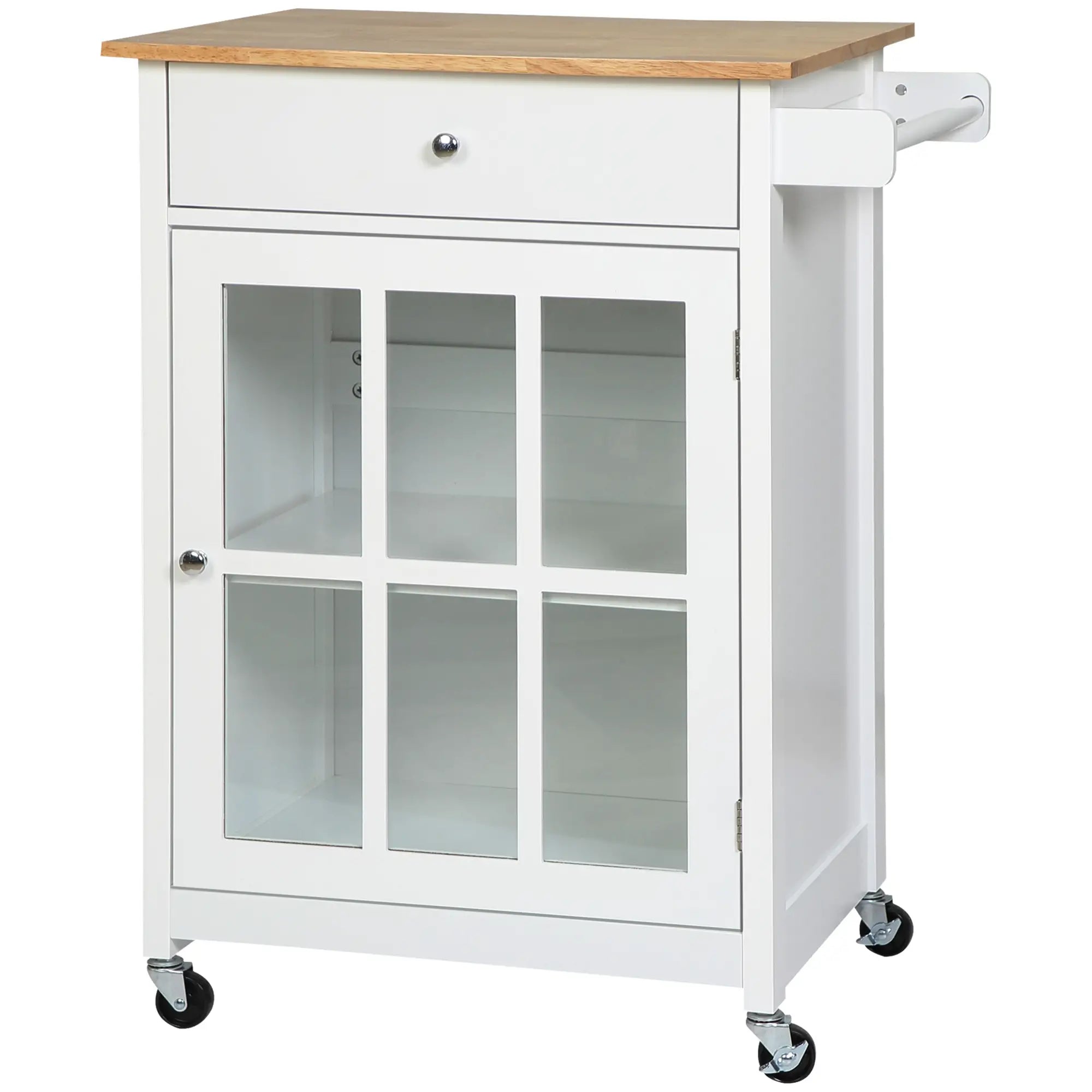 Rolling Kitchen Cart, Drawer Glass Door Cabinet, Island on Wheels, White Kitchen Islands & Kitchen Carts White, Oak at Gallery Canada
