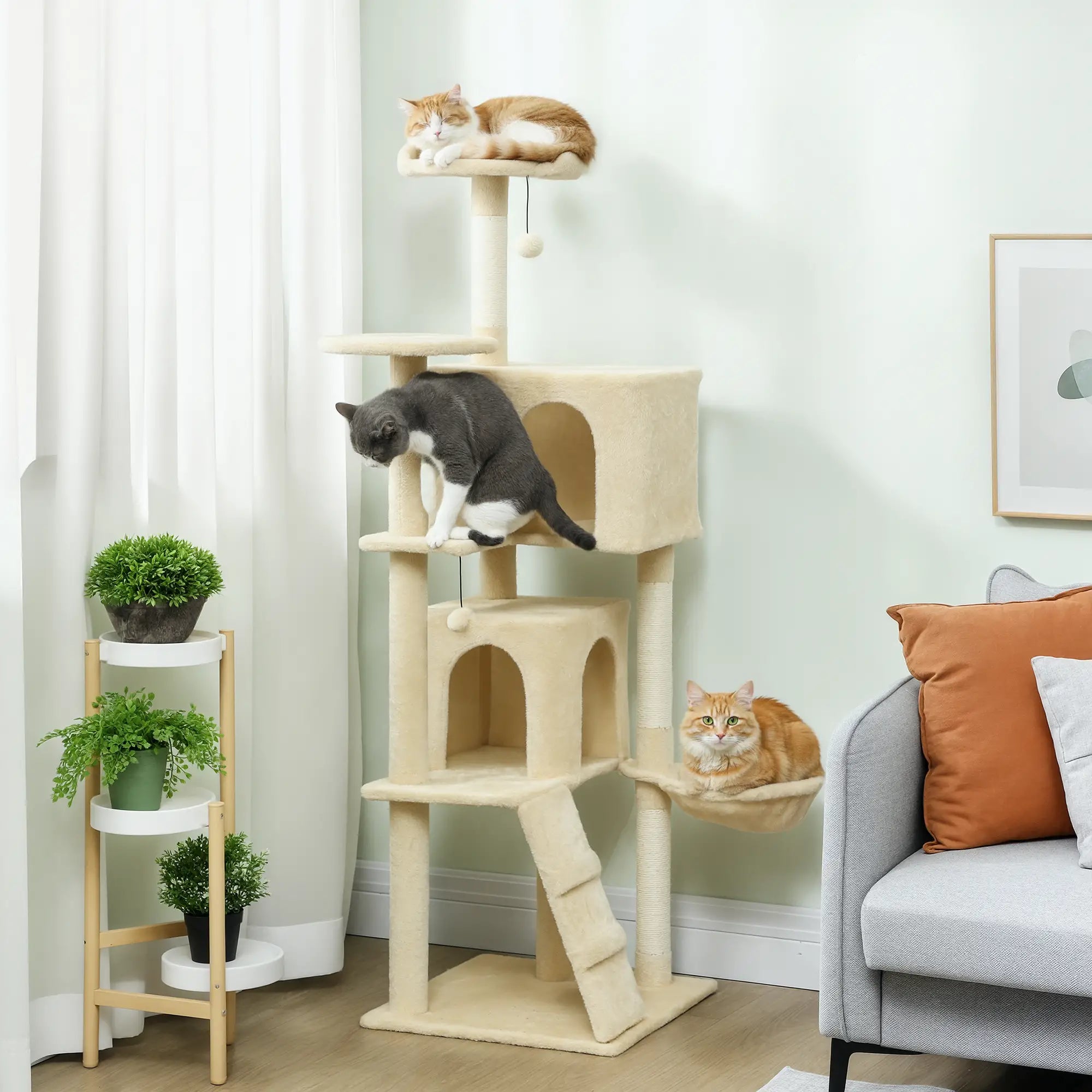 63 Inch Cat Tree, Sisal Scratching Posts, Condos, Perches, Hammock, Ladder, Beige Cat Towers at Gallery Canada