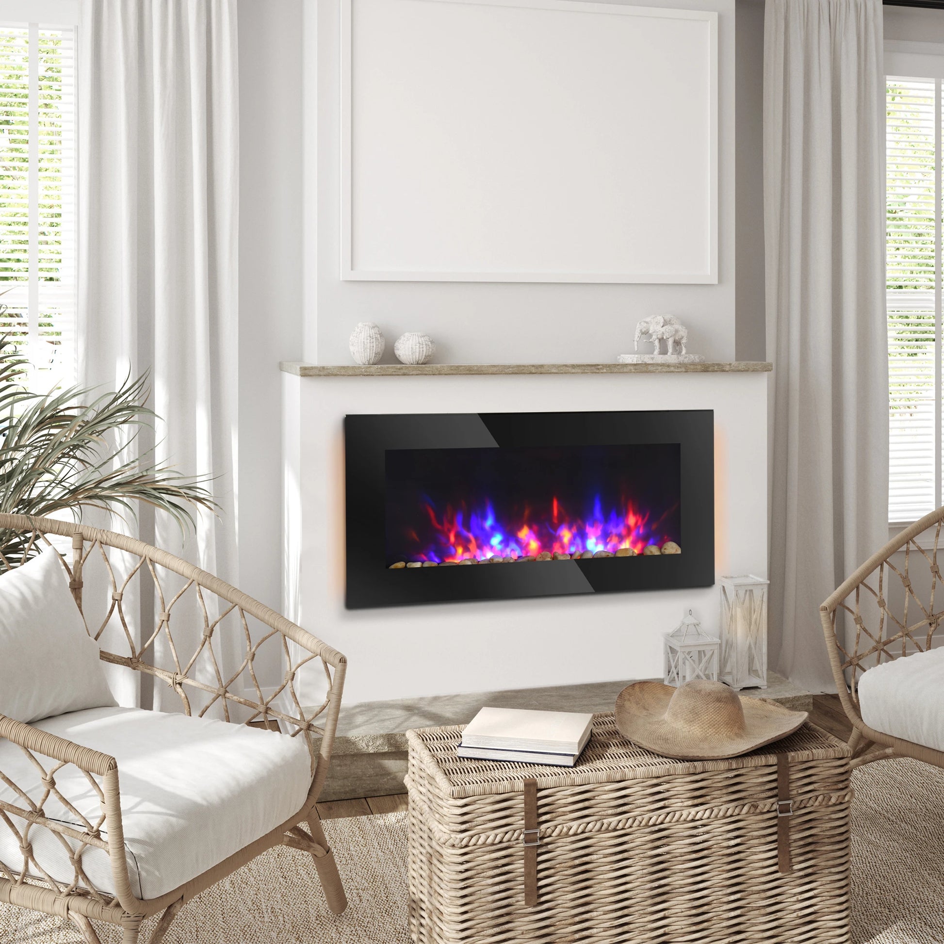 36" Wall-Mounted Electric Fireplace, 750/1500W, Flame Effect, 7 Color Light, Black Electric Fireplaces at Gallery Canada