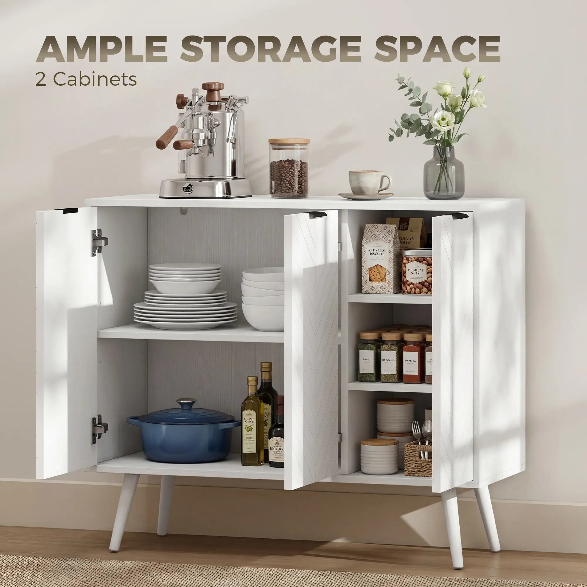 Modern Sideboard and Buffet, Dining Room Cabinet with Adjustable Shelves and 3 Doors, White Storage Cabinets at Gallery Canada