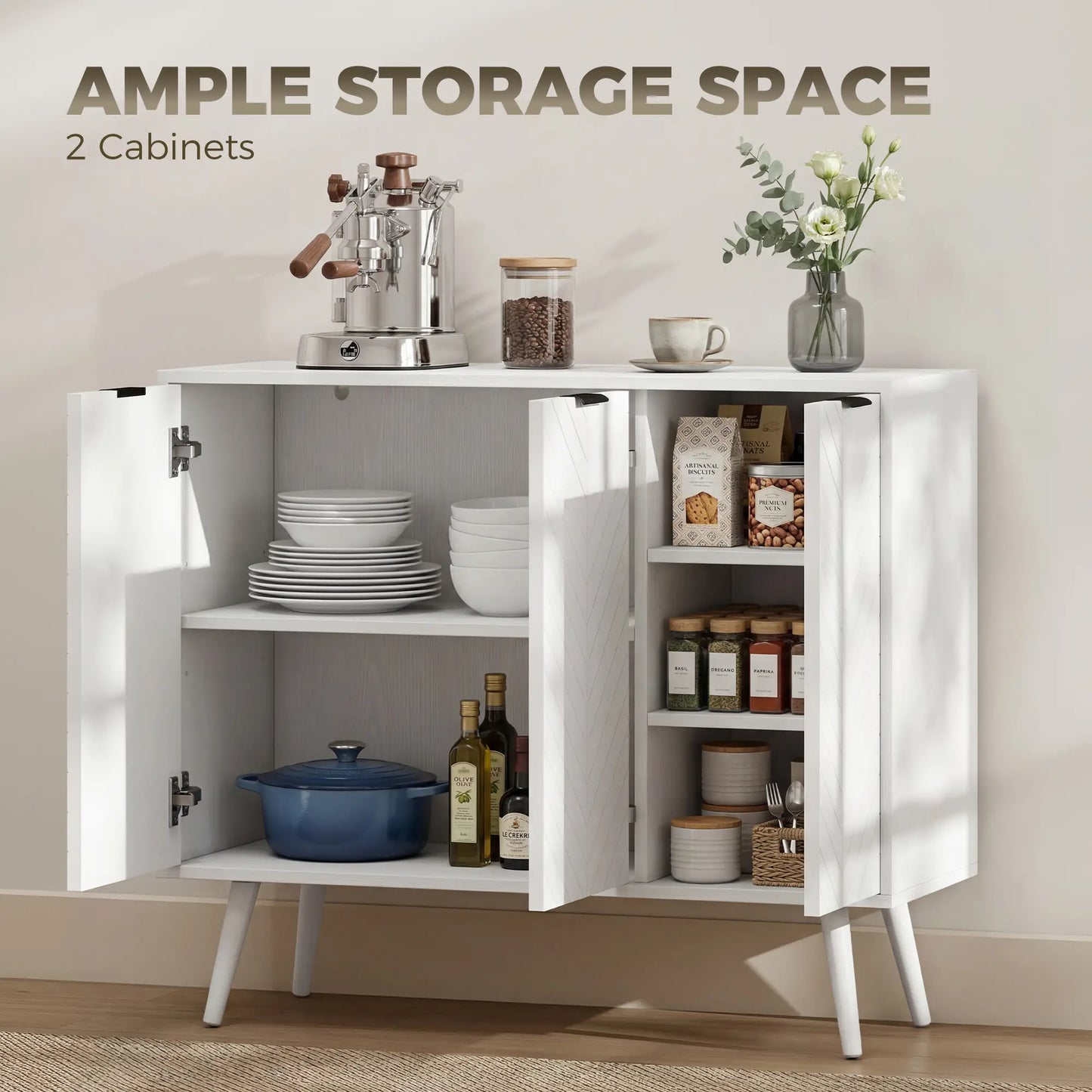 Modern Sideboard and Buffet, Dining Room Cabinet with Adjustable Shelves and 3 Doors, White Storage Cabinets at Gallery Canada