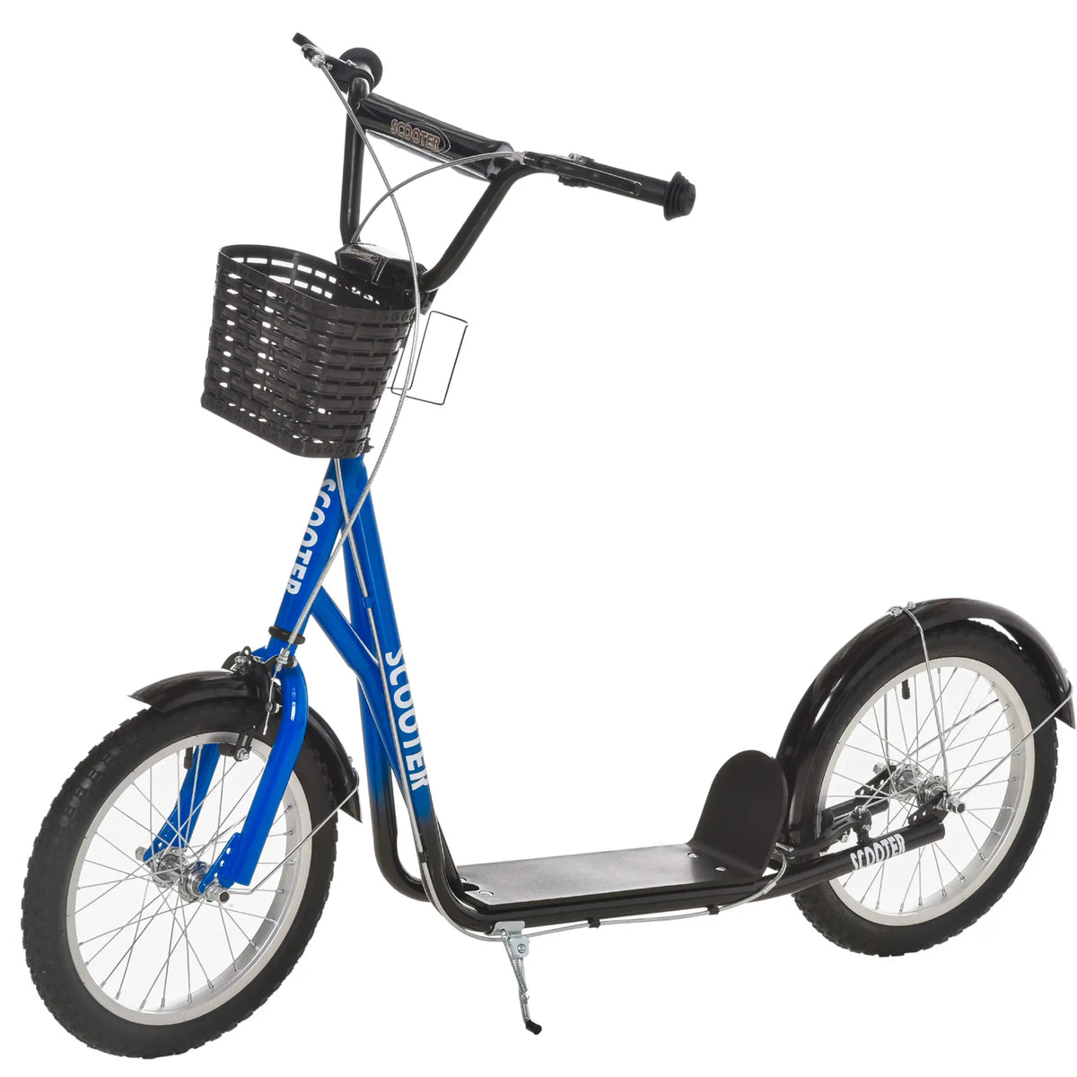 Kids Kick Scooter, Adjustable Handlebar, 2 Brakes, Basket, Cupholder, 16" Inflatable Tyres, Blue Scooters at Gallery Canada