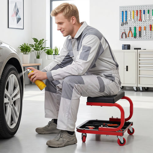 Mechanic Rolling Stool with Tool Trays, Magnetic Drawer, Red