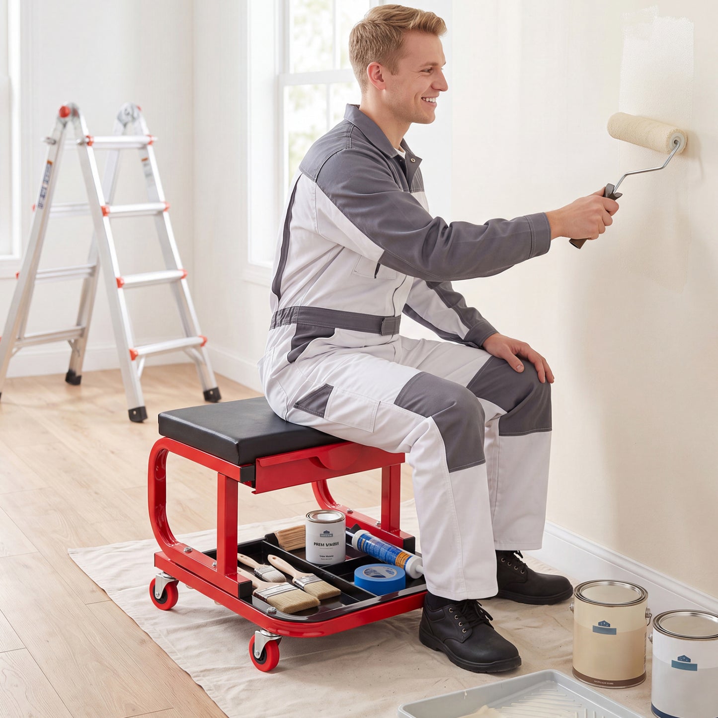 Mechanic Rolling Stool with Tool Trays, Magnetic Drawer, Red