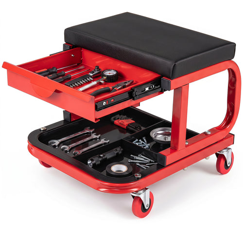 Mechanic Rolling Stool with Tool Trays, Magnetic Drawer, Red