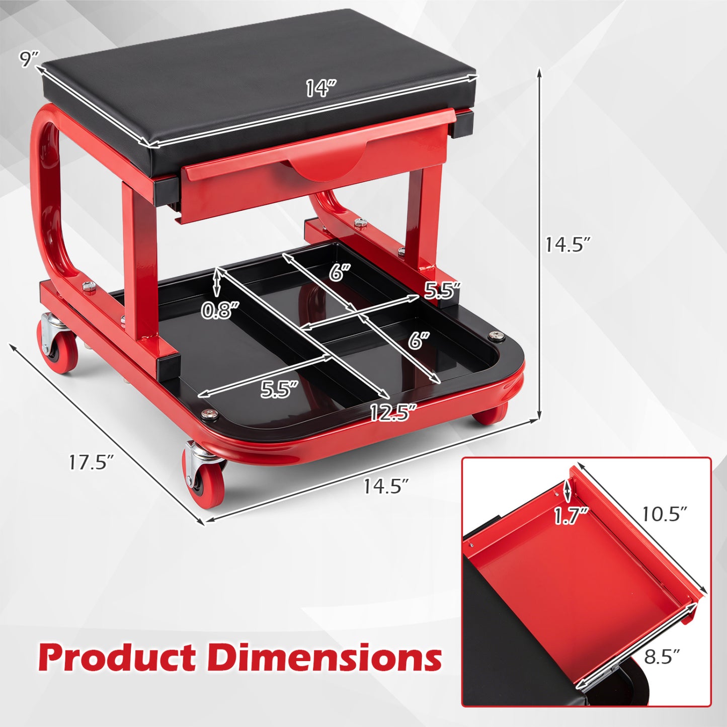 Mechanic Rolling Stool with Tool Trays, Magnetic Drawer, Red