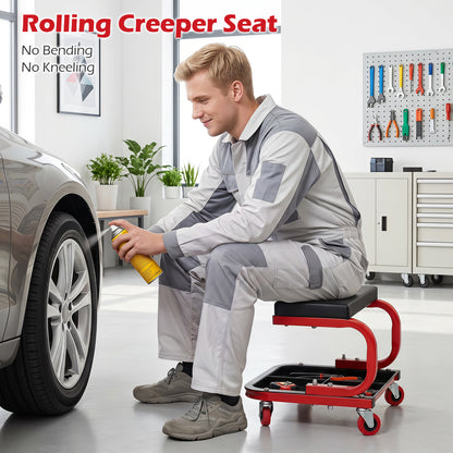 Mechanic Rolling Stool with Tool Trays, Magnetic Drawer, Red