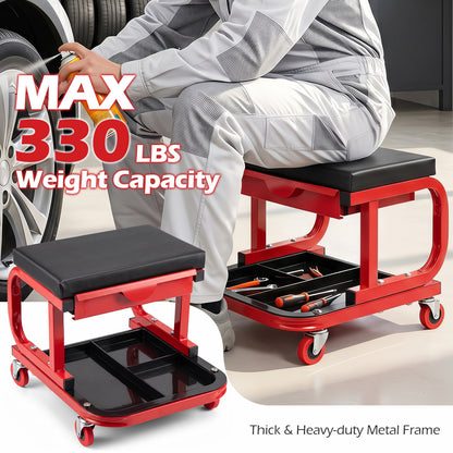 Mechanic Rolling Stool with Tool Trays, Magnetic Drawer, Red