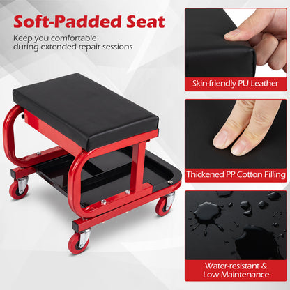 Mechanic Rolling Stool with Tool Trays, Magnetic Drawer, Red
