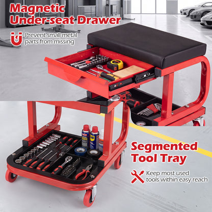 Mechanic Rolling Stool with Tool Trays, Magnetic Drawer, Red