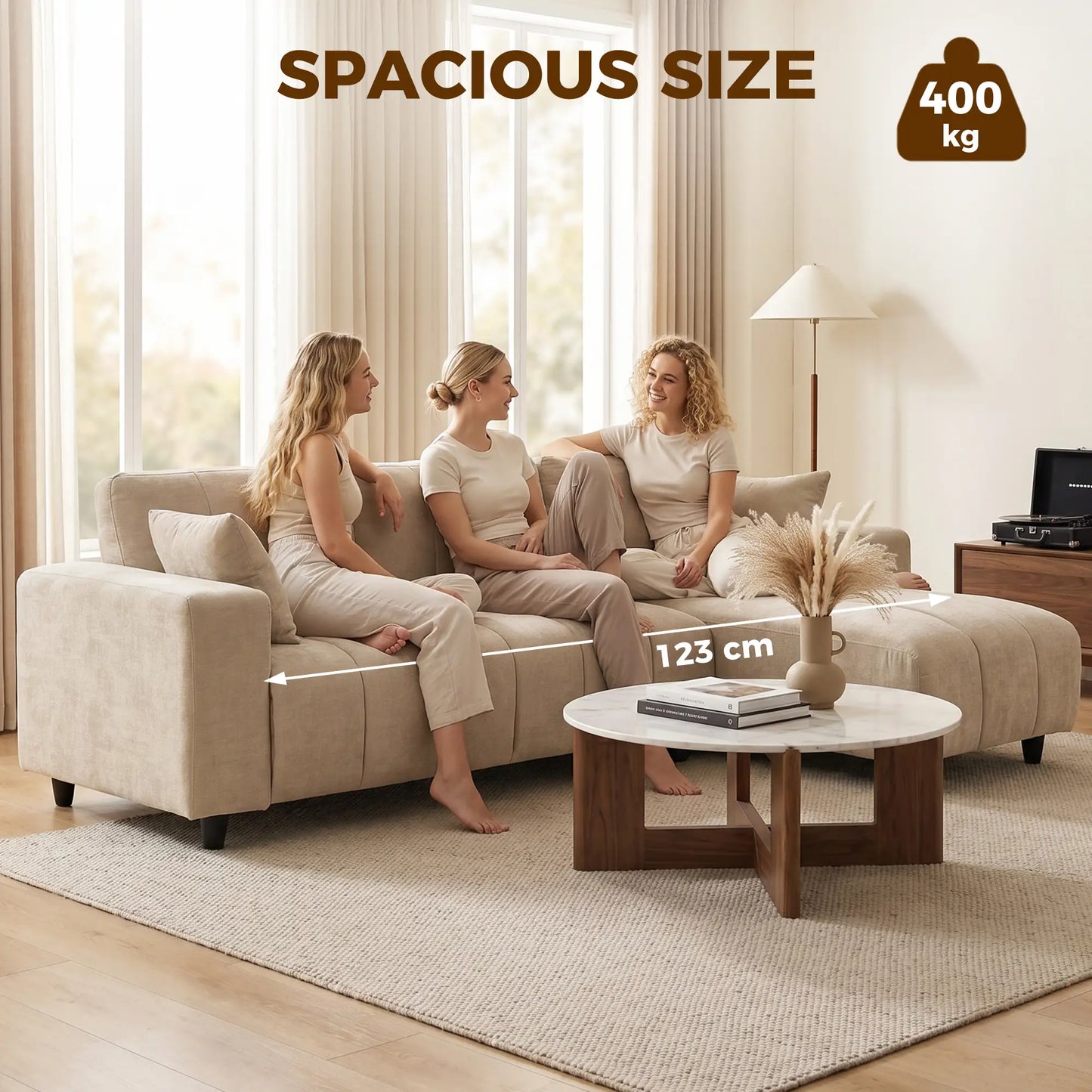 Canapé sectionnel en forme de L 3 places avec méridienne, coussin à ressorts, oreillers, beige