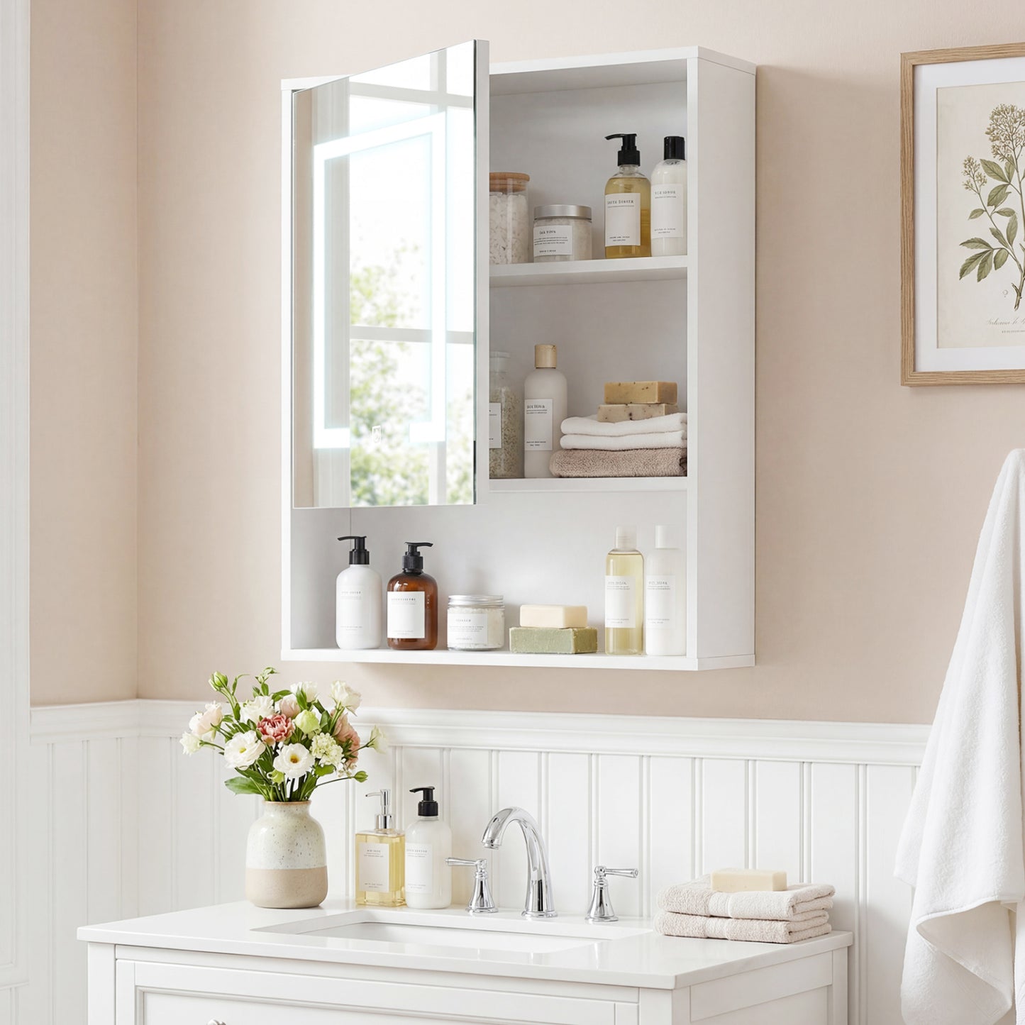 Medicine Cabinet With Mirror, 3-Color LED, Recessed Wall Mount, White Wall Cabinets at Gallery Canada