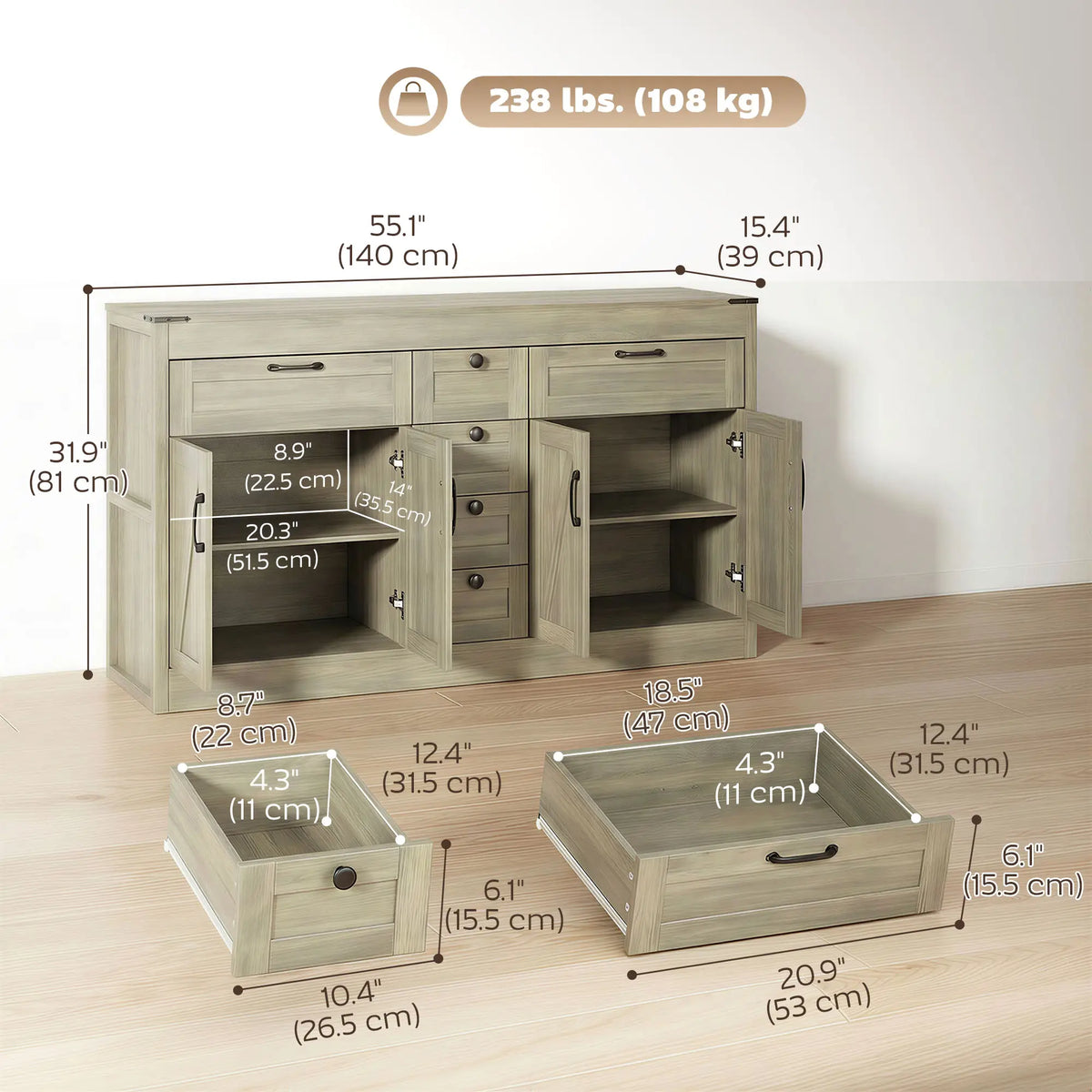 55" Farmhouse Sideboard Buffet Cabinet, 4 Barn Doors, 6 Drawers, Grey Bar Cabinets at Gallery Canada