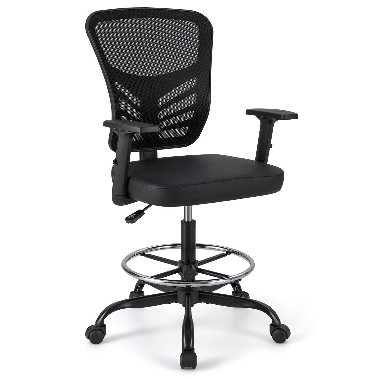 Mesh Drafting Chair, Adjustable Armrests, Foot-Ring, Black Mesh Chairs Black at Gallery Canada