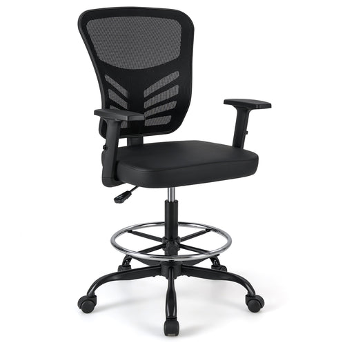 Mesh Drafting Chair, Adjustable Armrests, Foot-Ring, Black