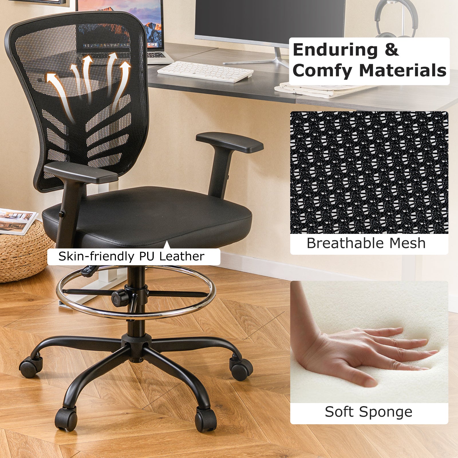 Mesh Drafting Chair, Adjustable Armrests, Foot-Ring, Black Mesh Chairs at Gallery Canada