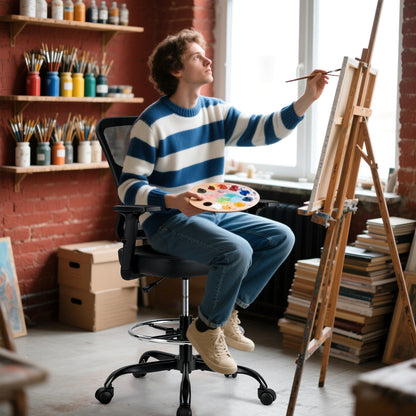 Mesh Drafting Chair, Adjustable Armrests, Foot-Ring, Black Mesh Chairs at Gallery Canada