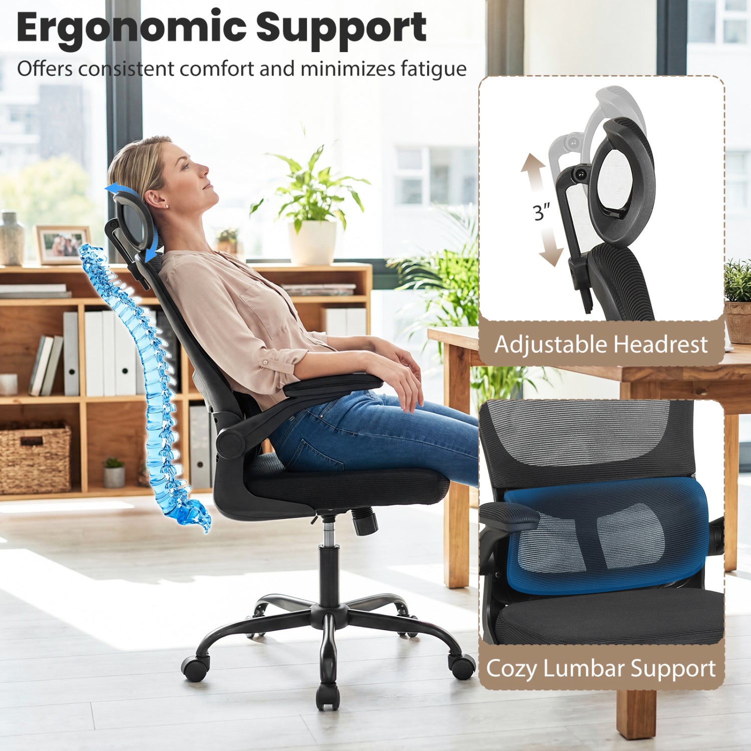 Mesh Office Chair, Adaptive Lumbar Support, Flip-up Armrests, Black Ergonomic Chairs at Gallery Canada