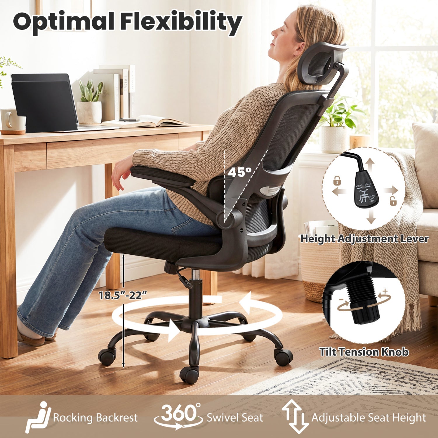Mesh Office Chair, Adaptive Lumbar Support, Flip-up Armrests, Black Ergonomic Chairs at Gallery Canada