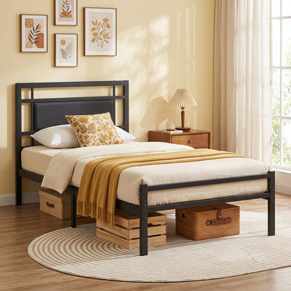 Twin Metal Bed Frame, Upholstered Headboard, Black
