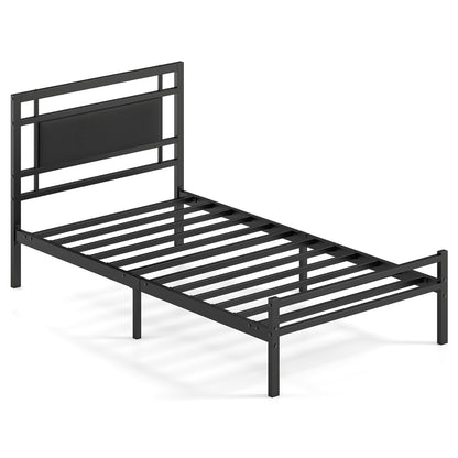 Twin Metal Bed Frame, Upholstered Headboard, Black