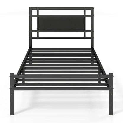 Twin Metal Bed Frame, Upholstered Headboard, Black