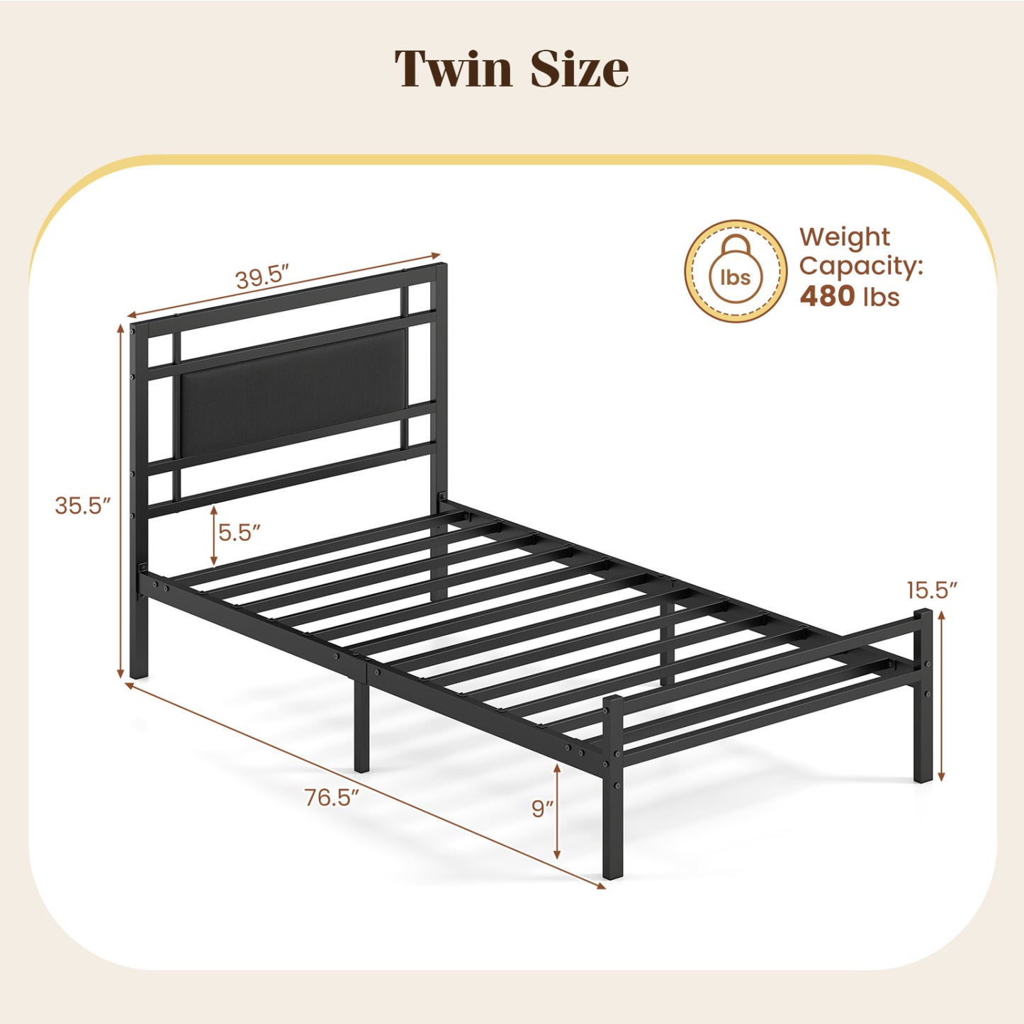 Twin Metal Bed Frame, Upholstered Headboard, Black
