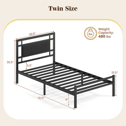 Twin Metal Bed Frame, Upholstered Headboard, Black