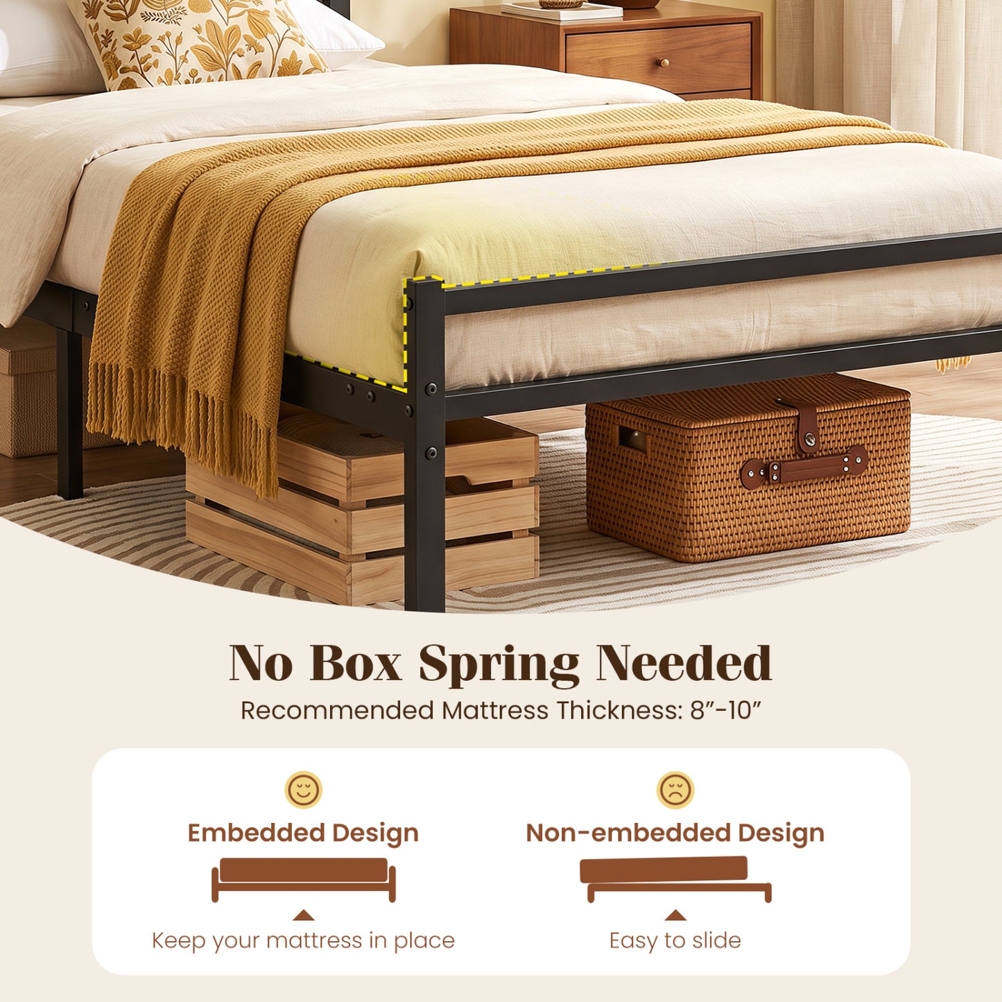 Twin Metal Bed Frame, Upholstered Headboard, Black