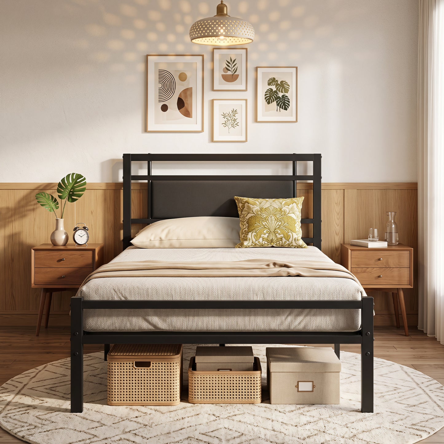 Twin Metal Bed Frame, Upholstered Headboard, Black